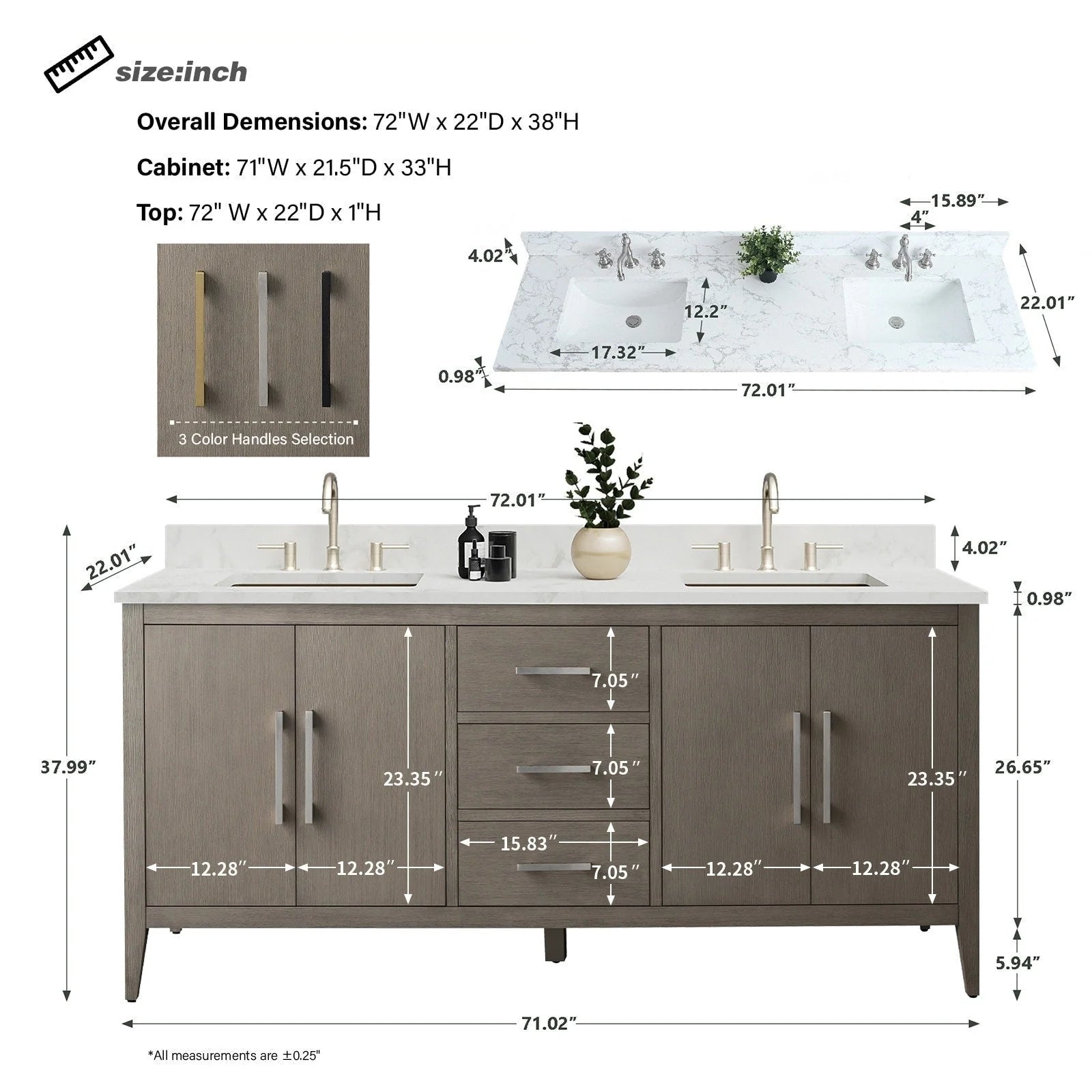 Mobile lavabo doppio Vanity Art 72 per bagno con piano in marmo composito