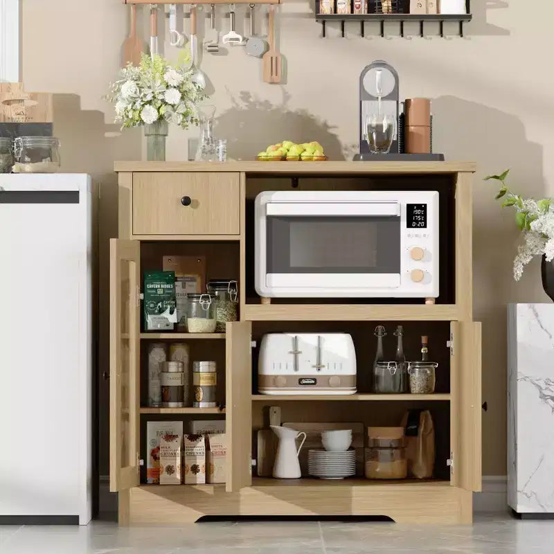 Mobiletto da cucina per microonde con contenitore, con 3 ante, 1 cassetto e ripiani regolabili, mobiletto dispensa