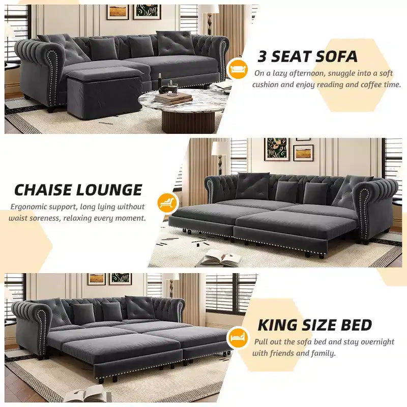 Divano Letto Estraibile 3-in-1 King Size in Velluto Whisen e Divano Letto Convertibile con Ottomana Mobile, Design Trapuntato