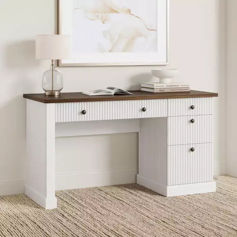 Contenitore scanalato per scrivania da ufficio, scrivania direzionale moderna da 54" con stazione di ricarica, scrivania in legno per computer con cassetti classificatori per studio
