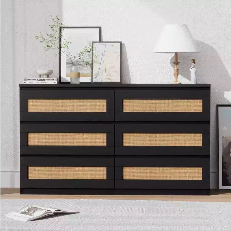 Cassettiera in Rattan per Camera da Letto con 6 Cassetti, Comò Largo Moderno in Stile Fattoria da 120 cm, Mobile Contenitore in Legno per Armadio, Soggiorno, Corridoio