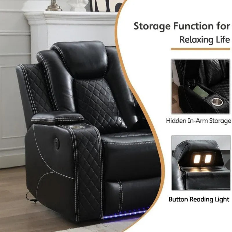 Divano Reclinabile Elettrico con Caricatore Wireless, Luce da Lettura per Soggiorno, Luce LED in Similpelle, Porta AC/USB, Portabicchieri, Nero