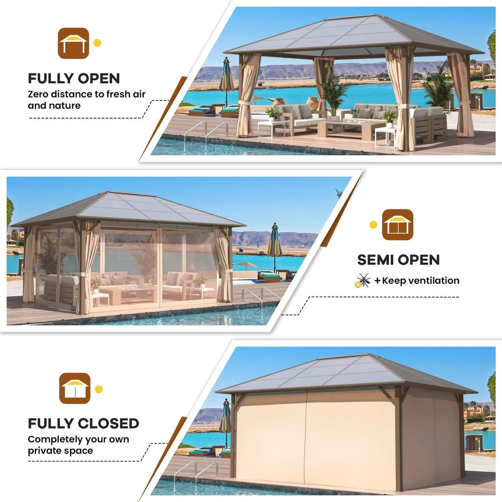 EROMMY Gazebo a tetto rigido, Pergola da esterno con doppio tetto, zanzariere e tende, Tenda da sole resistente per patio, cortile, feste in piscina