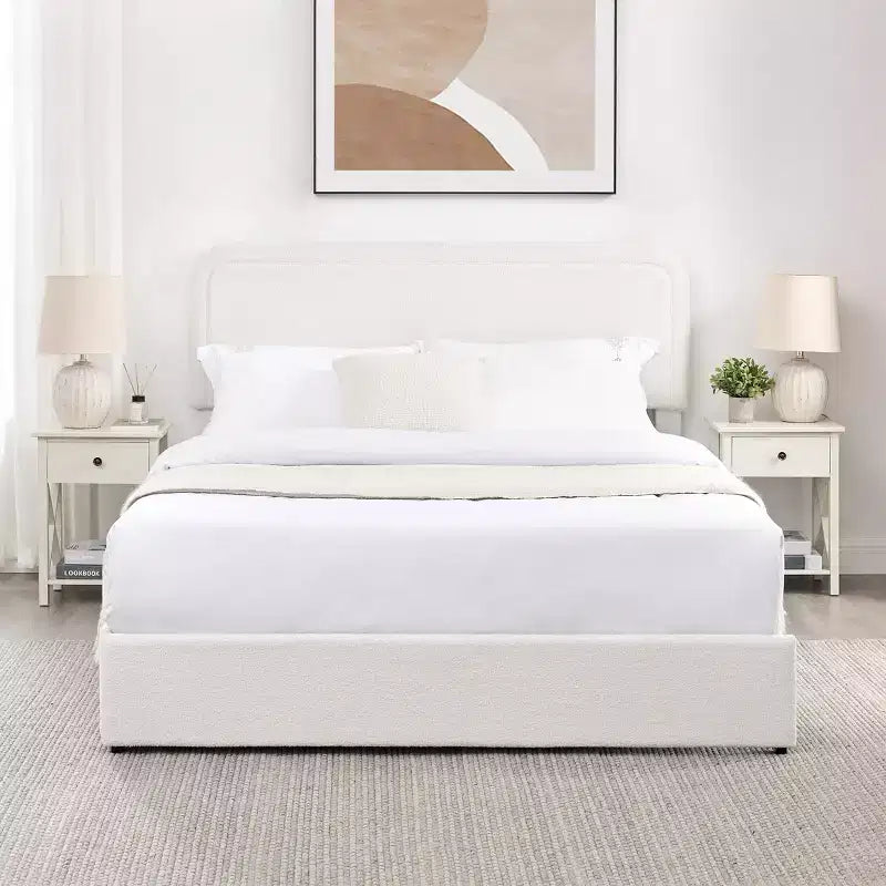 Letto Queen Size Moderno Rivestito in Bouclé con Cassetti Contenitore
