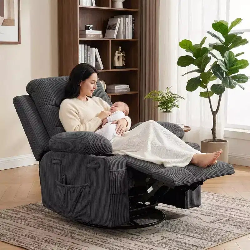 Poltrona reclinabile girevole a 360° con massaggio e riscaldamento, extra large - Sedia da salotto ergonomica con portabicchieri, tasche laterali per soggiorno, cameretta