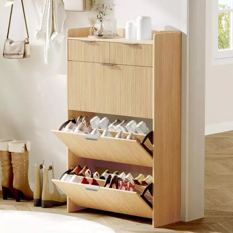 Moderna scarpiera bianca con 3 cassetti a ribalta e 2 cassetti piccoli e gancio, porta scarpe sottile scanalato, mobile stretto per ingresso