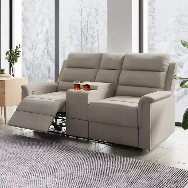 Divanetto reclinabile in tessuto tecnico beige/grigio, 2 posti, schienale e poggiapiedi regolabili