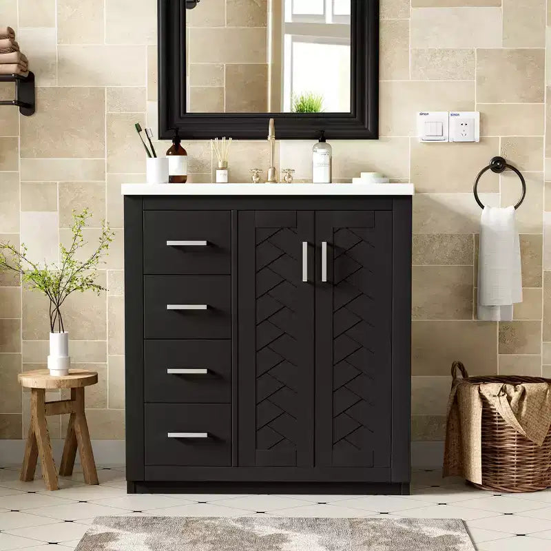 Meuble-lavabo de salle de bain à évier simple de 76 cm avec armoire et 3 tiroirs – Noir / Bleu / Vert / Indigo / Blanc