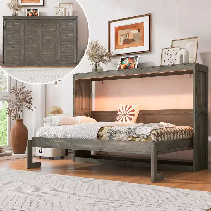 Letto a scomparsa matrimoniale con luce LED, pieghevole a armadio, letto a scomparsa per camera degli ospiti