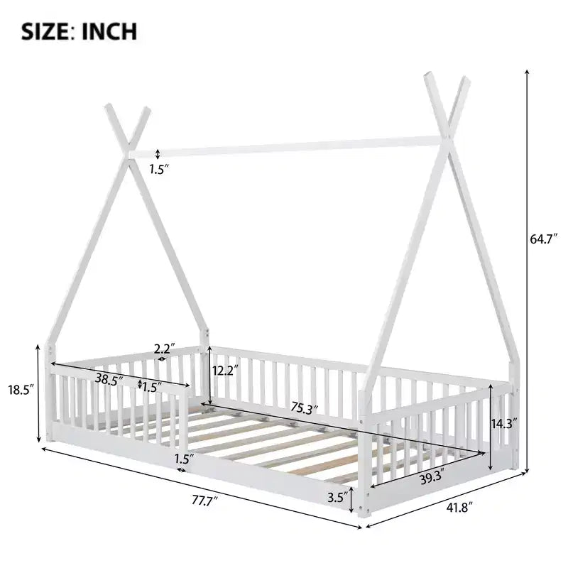Letto a pavimento per bambini, letti a tenda a una piazza, letto a pavimento Montessori con doghe e sponde di protezione, struttura letto a casetta in legno per ragazzi e ragazze