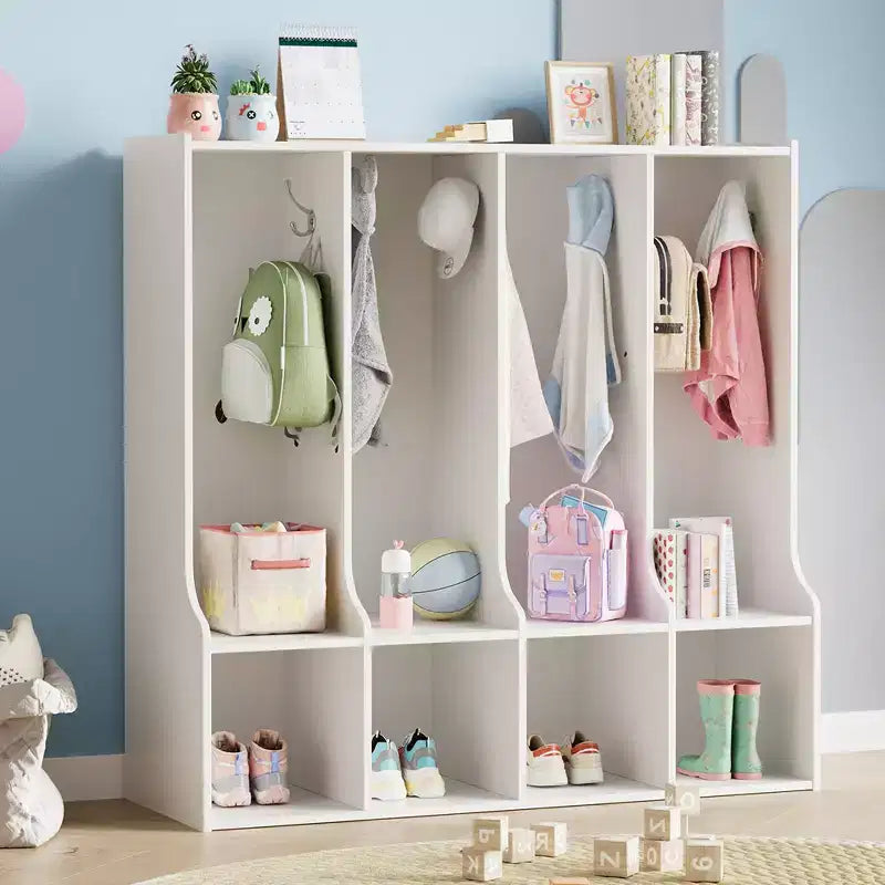 Casier à 4 compartiments marron/blanc avec 8 crochets, pour enfants