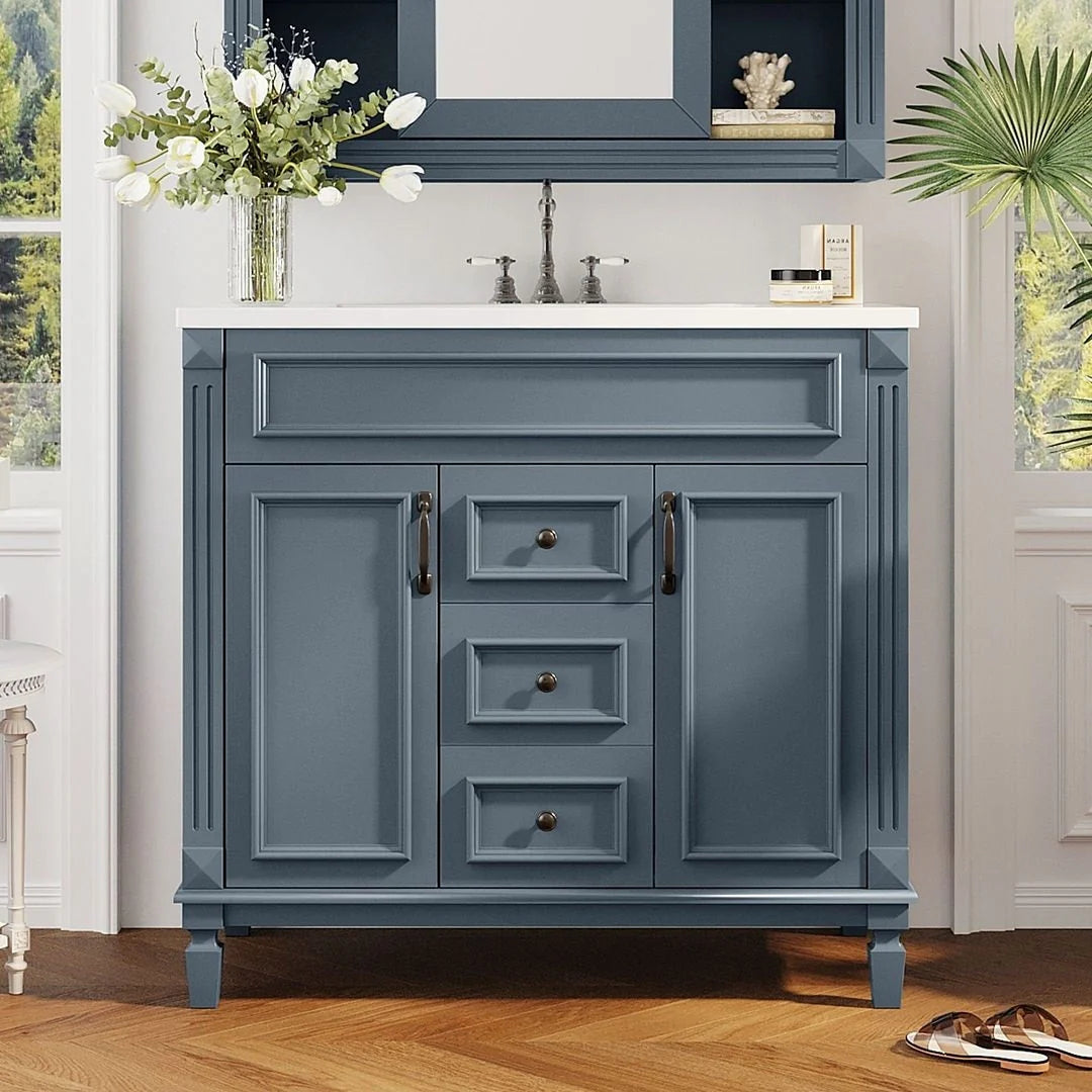 Mobile Bagno Moderno da 90cm con Lavabo Integrato e Specchiera, 2 Ante e 2 Cassetti