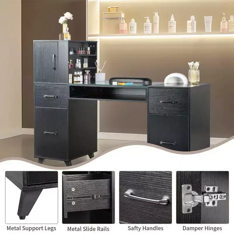 Tavolo per manicure moderno nero/rosa con piano in vetro e poggiapolsi, postazione singola