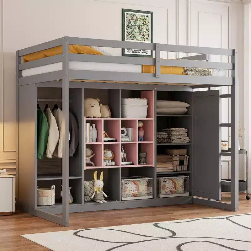 Letto a soppalco per bambini con armadio e mensole, Struttura in legno per letto a soppalco con mobiletto contenitore per bambini e ragazzi