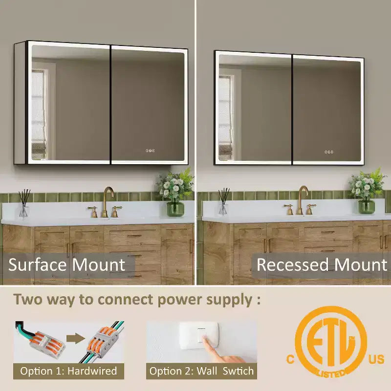 Pensile da Bagno con Specchio LED, Montaggio a Superficie o Incasso, Luce Dimmerabile, Antiappannamento, Ripiani Regolabili