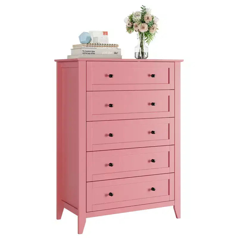 Commode à 5 tiroirs de 108 cm de haut pour chambre à coucher, armoire de rangement en bois avec tiroirs de 30 cm de profondeur et poignées en métal doré, idéale pour l'entrée ou le couloir