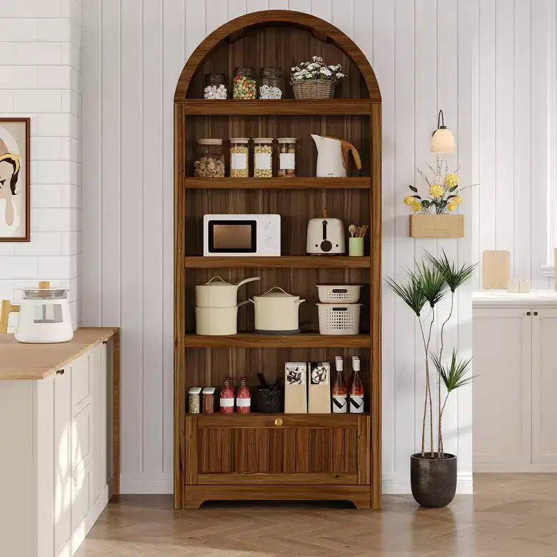 Libreria ad arco da 72 pollici con cassetto portaoggetti, mobile espositivo moderno a 6 ripiani in legno con ripiani aperti e cassetto inferiore, anta curva dell'armadio