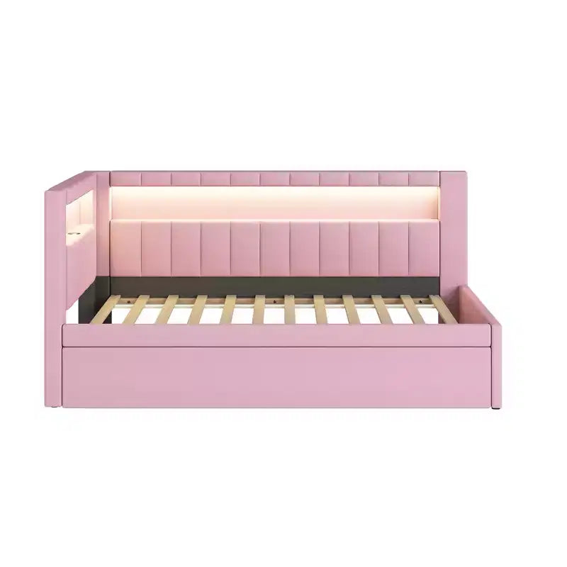 Letto da Giorno Twin/Full con Letto Estraibile e Testiera a Libreria a L, Letto Angolare Imbottito in Lino con Ripiani Portaoggetti e Cinghia a LED