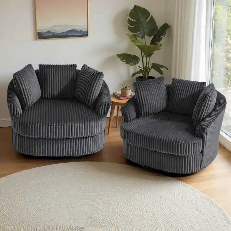 Set di 2 Poltrone Girevoli a Barilotto Oversize da 43" in Velluto a Coste Felpato con Cuscini