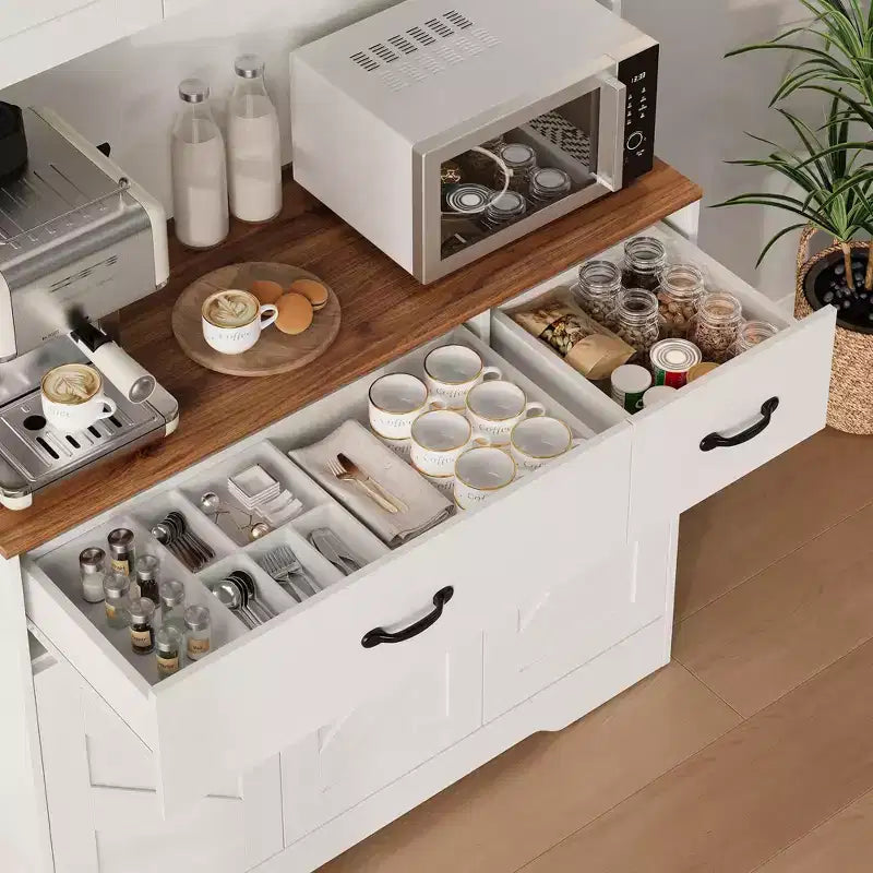 Mobile dispensa da cucina da 71" con stazione di ricarica, ampio piano di lavoro, supporto per microonde e 2 cassetti, mobile contenitore per sala da pranzo e soggiorno