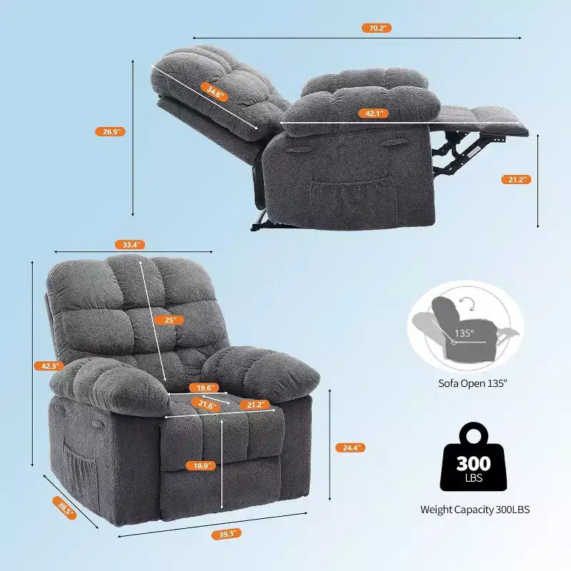 Poltrona reclinabile manuale, poltrona reclinabile ergonomica in tessuto traspirante con tasche laterali, divano singolo, adatta per soggiorno e camera da letto