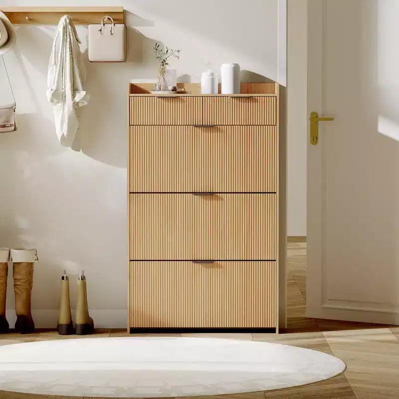 Moderna scarpiera bianca con 3 cassetti a ribalta e 2 cassetti piccoli e gancio, porta scarpe sottile scanalato, mobile stretto per ingresso