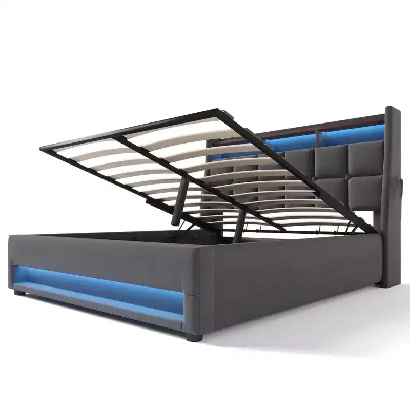 Letto Queen Size con Contenitore Idraulico, LED, USB, Testiera Imbottita, Nessuna Rete a Molle, Facile Montaggio