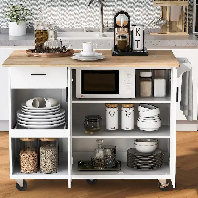 Isola da cucina con piano pieghevole, carrello da cucina con ripiano estraibile, portasciugamani e cassetto, ruote girevoli