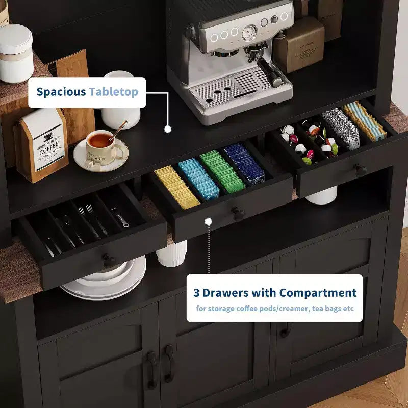 Mobile bar da caffè in stile rustico alto 72 pollici con luci LED, credenza da cucina con ante e cassetti, ripiani regolabili, ampio spazio di archiviazione