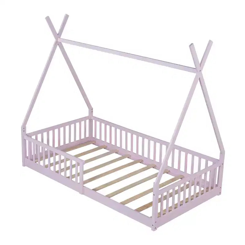 Letto a pavimento per bambini, letti a tenda a una piazza, letto a pavimento Montessori con doghe e sponde di protezione, struttura letto a casetta in legno per ragazzi e ragazze
