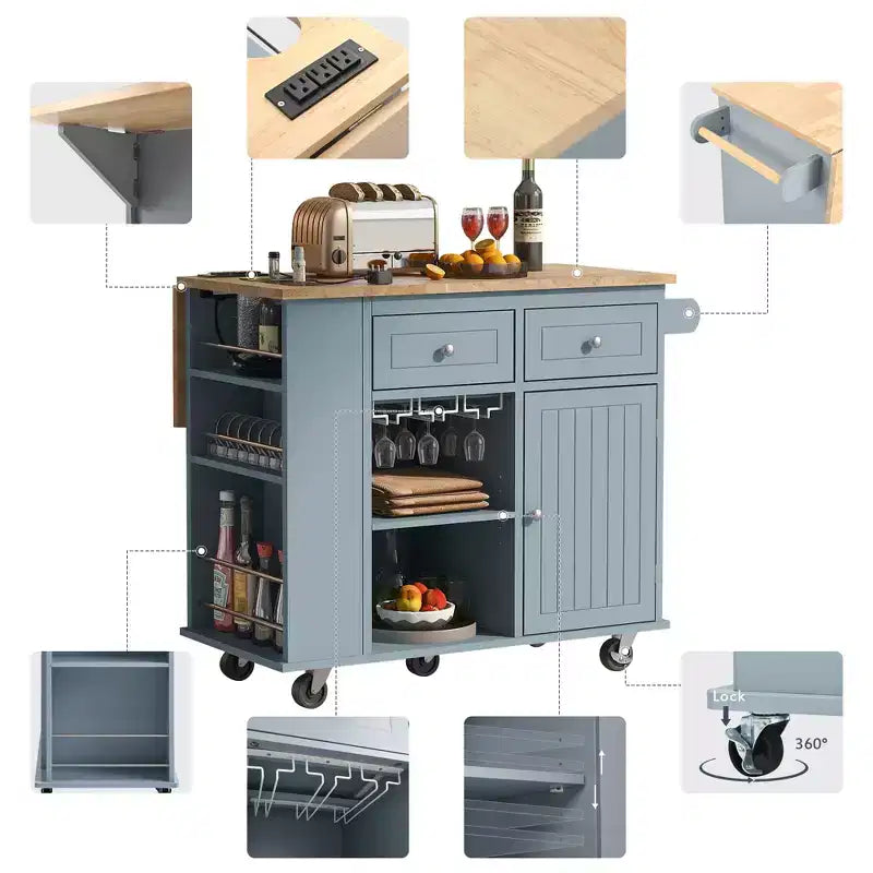 Isola da Cucina Mobile con Presa di Corrente, Piano Ribaltabile e Top in Legno di Gomma