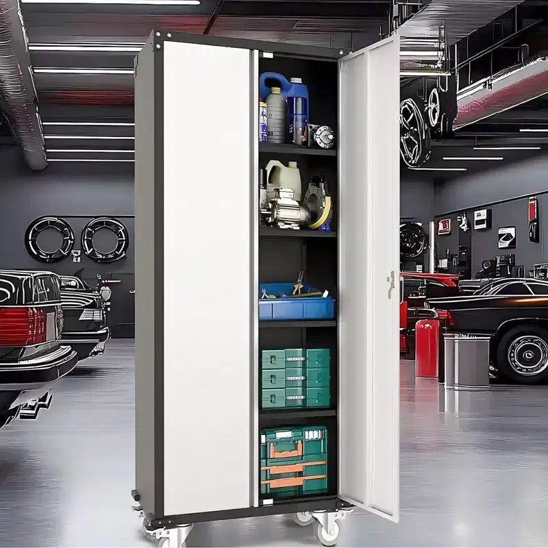 Armoire de rangement de garage avec roues et panneau perforé, armoire de rangement métallique verrouillable de 72 po de hauteur avec 2 portes et 4 étagères réglables pour atelier de garage