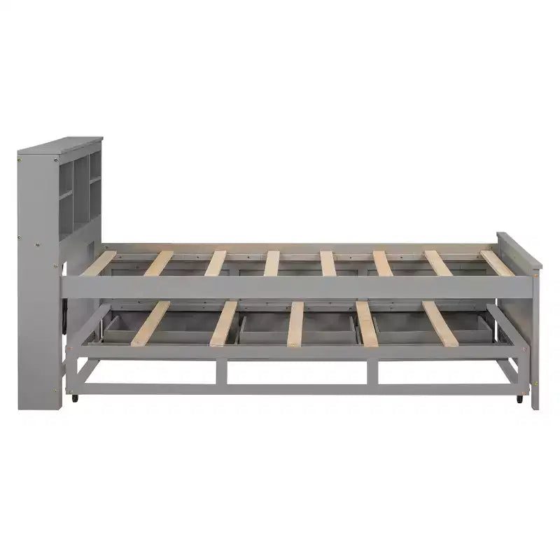 Letto a piattaforma con letto estraibile e cassetti, Letto a piattaforma contenitore con USB, Letto a piattaforma in legno con libreria