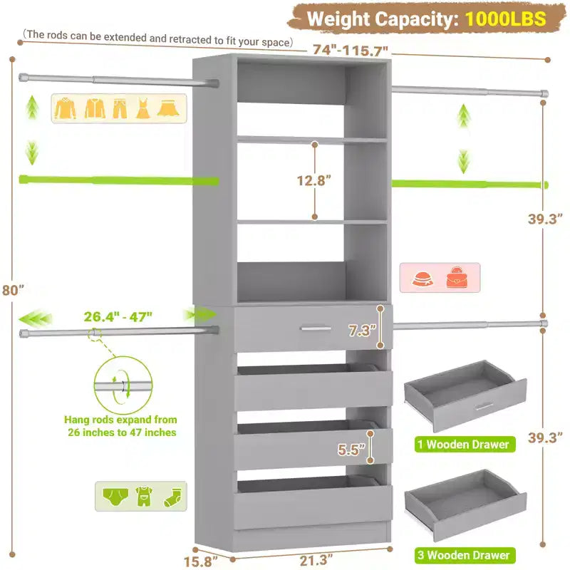 Besiost Sistema Organizer per Armadio in Legno 4-9 piedi con 4 Cassetti, 4 Aste Appendiabiti e Torri Scaffale