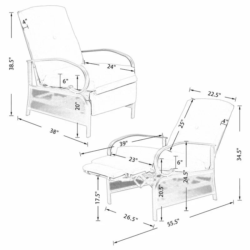 Poltrona Reclinabile Regolabile da Esterno con Cuscino - 38 (P) x 26.5 (L) x 38.5 (A) POLLICI