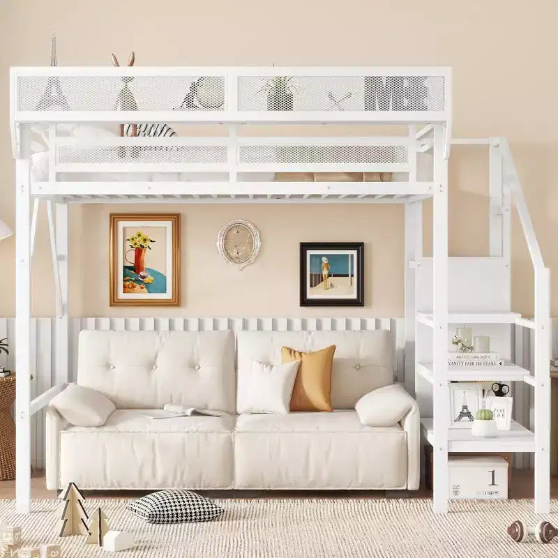 Okak 94IN Letto a soppalco singolo con armadio, letto singolo con ripiani portaoggetti e cestino, telaio letto per camera da letto, dormitorio