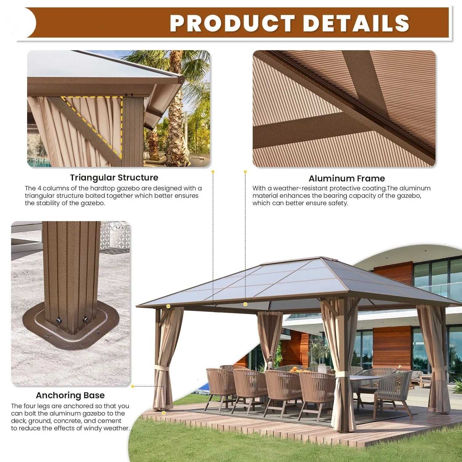 EROMMY Gazebo a tetto rigido, Pergola da esterno con doppio tetto, zanzariere e tende, Tenda da sole resistente per patio, cortile, feste in piscina