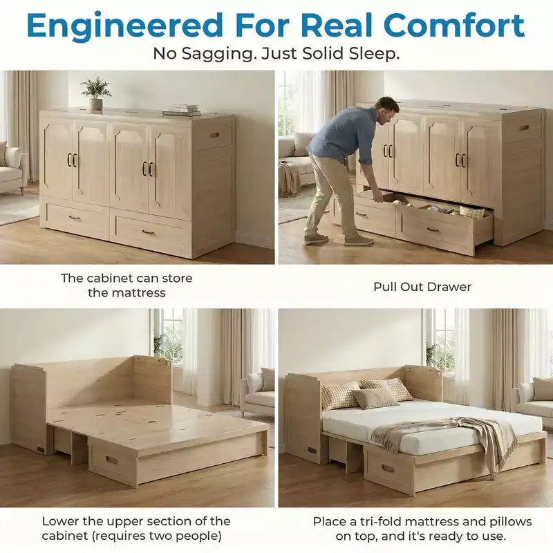 Mjkone Letto a Scomparsa Convertibile Matrimoniale Queen Size con Ricarica USB, Cassetti Contenitori, Materasso Escluso
