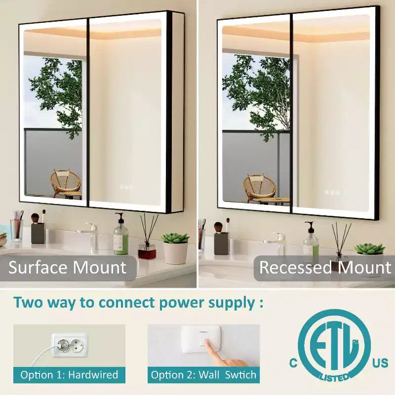 Pensile da Bagno con Specchio LED, Montaggio a Superficie o Incasso, Luce Dimmerabile, Antiappannamento, Ripiani Regolabili