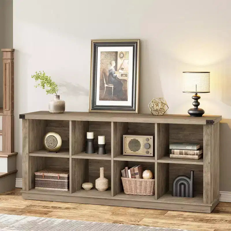 Étagère de rangement à 8 cubes, bibliothèque horizontale de style ferme, bibliothèque de rangement en bois de 157 cm pour entrée, étagères basses et longues pour salon