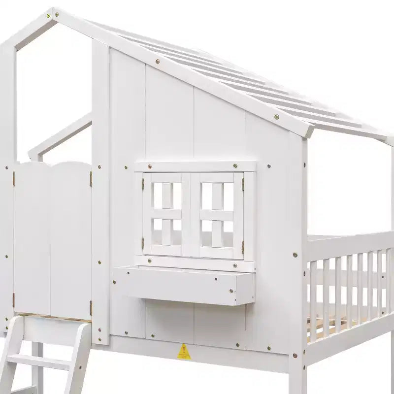 Letto a soppalco a forma di casetta con scaletta e spondine per bambini, in legno, misura singola