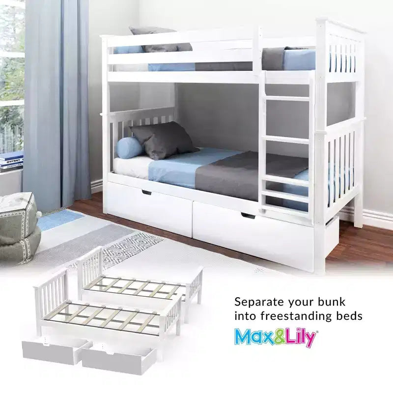 Letto a castello in legno massello singolo su singolo per bambini con cassetti portaoggetti sotto il letto