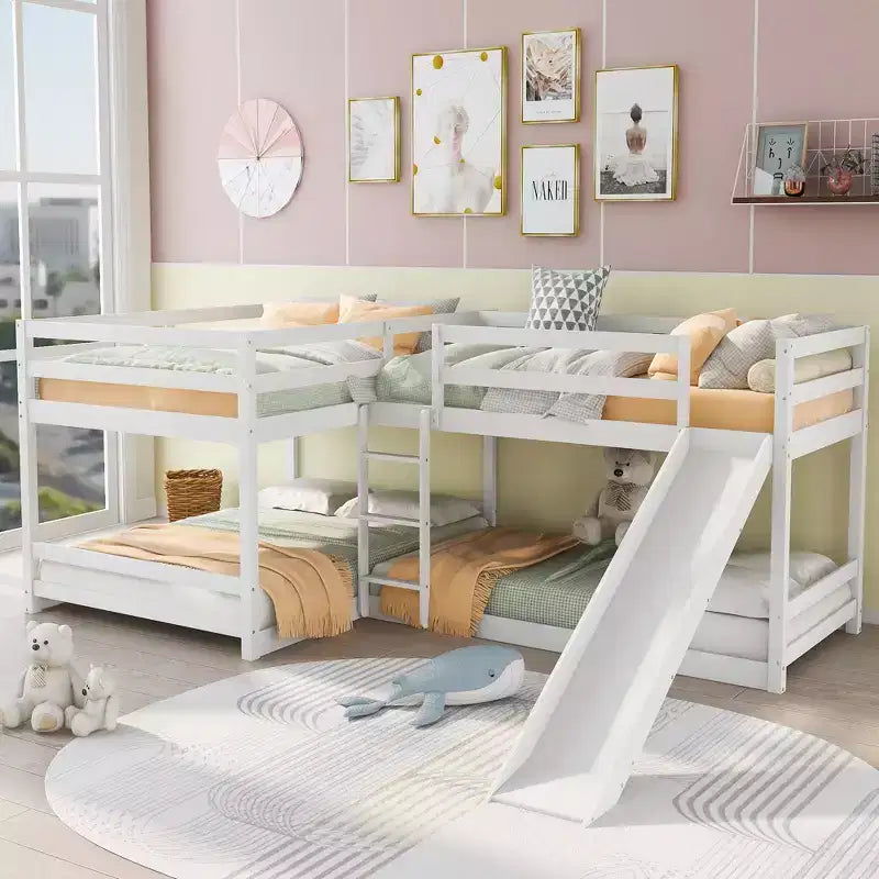 Letto a castello a L per 4 bambini, letto a castello quadruplo con scivolo, struttura in legno full e twin per cameretta dormitorio