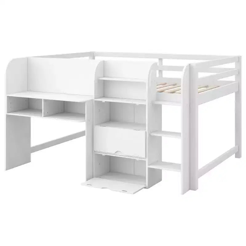 Letto a soppalco basso rosa/bianco con scrivania, contenitore e lavagna bianca – Singolo, 1 persona