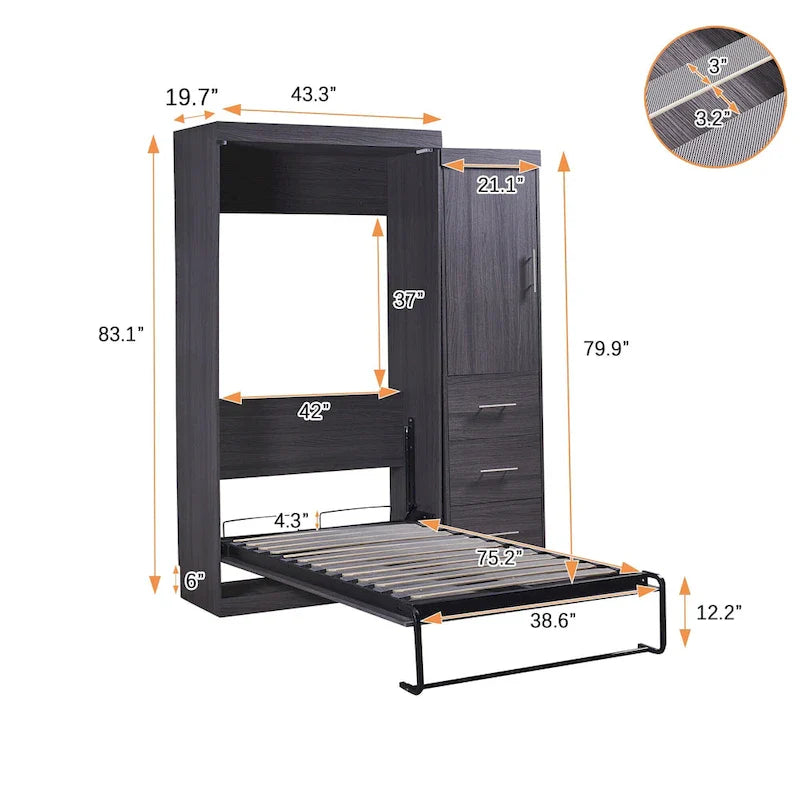 Letto Murphy pieghevole grigio con armadio e 3 cassetti, matrimoniale/singolo, 1 persona