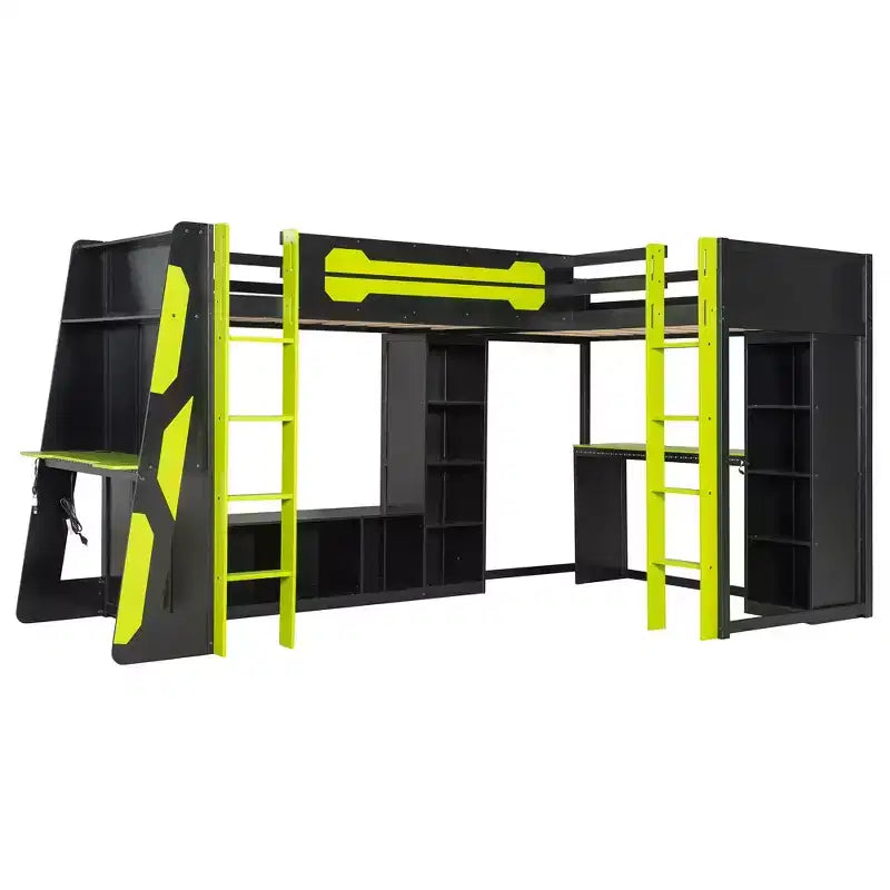 Letto a soppalco a L da gaming con scrivanie, letti a soppalco doppi con luci LED, porte USB, scaffali portaoggetti, letto a soppalco ad angolo in legno per 2