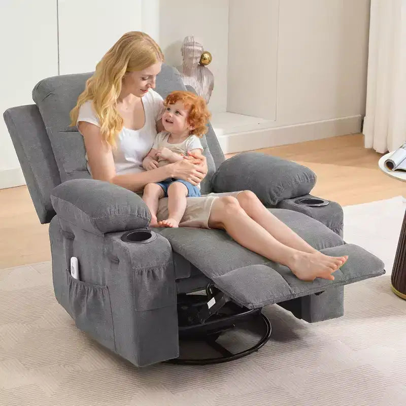 Fauteuil Inclinable Pivotant avec Massage et Chaleur, Fauteuil à Bascule 360° avec Porte-Gobelets et Poches Latérales, Canapé Ergonomique pour Salon, Camping-car, Chambre de Bébé