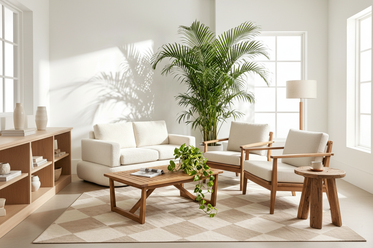 A modern living room scene featuring a light wood coffee table with a trailing green plant on top, a cream-colored textured sofa, and a matching armchair, with a large potted palm in the background.