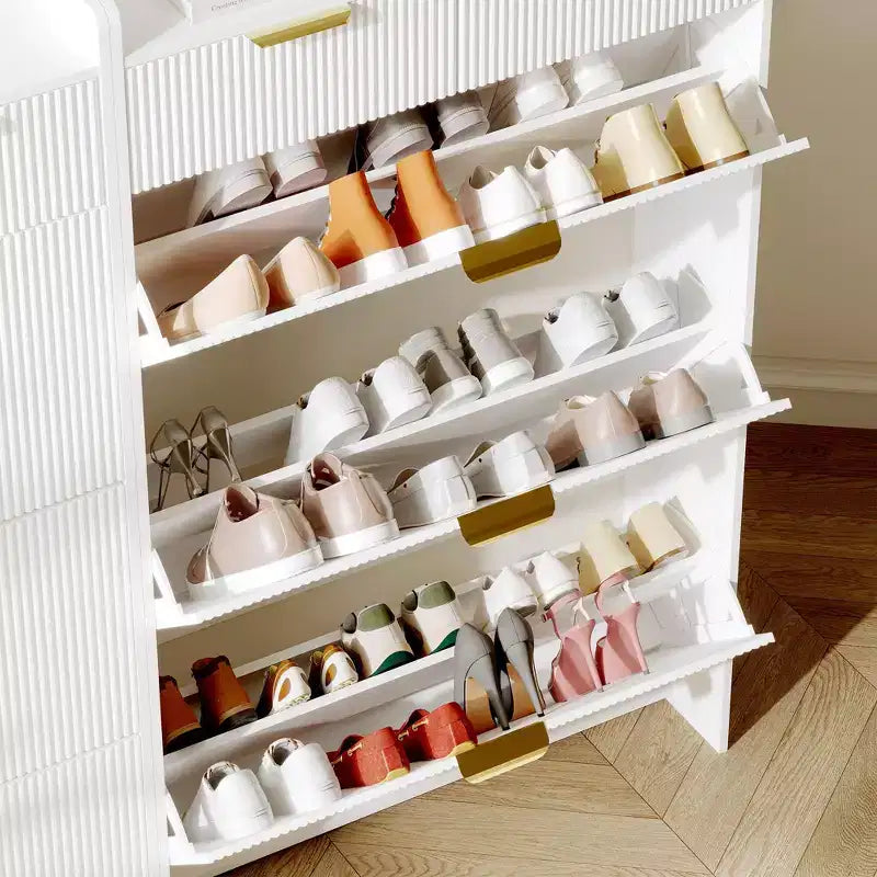 Moderna scarpiera bianca con 3 cassetti a ribalta e 2 cassetti piccoli e gancio, porta scarpe sottile scanalato, mobile stretto per ingresso