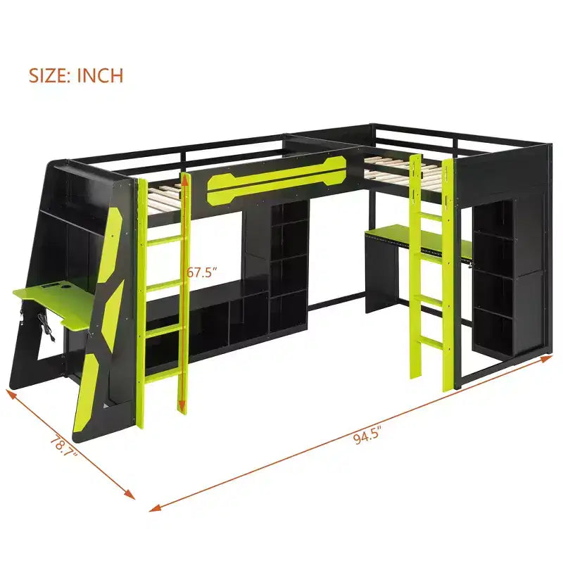 Letto a soppalco a L da gaming con scrivanie, letti a soppalco doppi con luci LED, porte USB, scaffali portaoggetti, letto a soppalco ad angolo in legno per 2